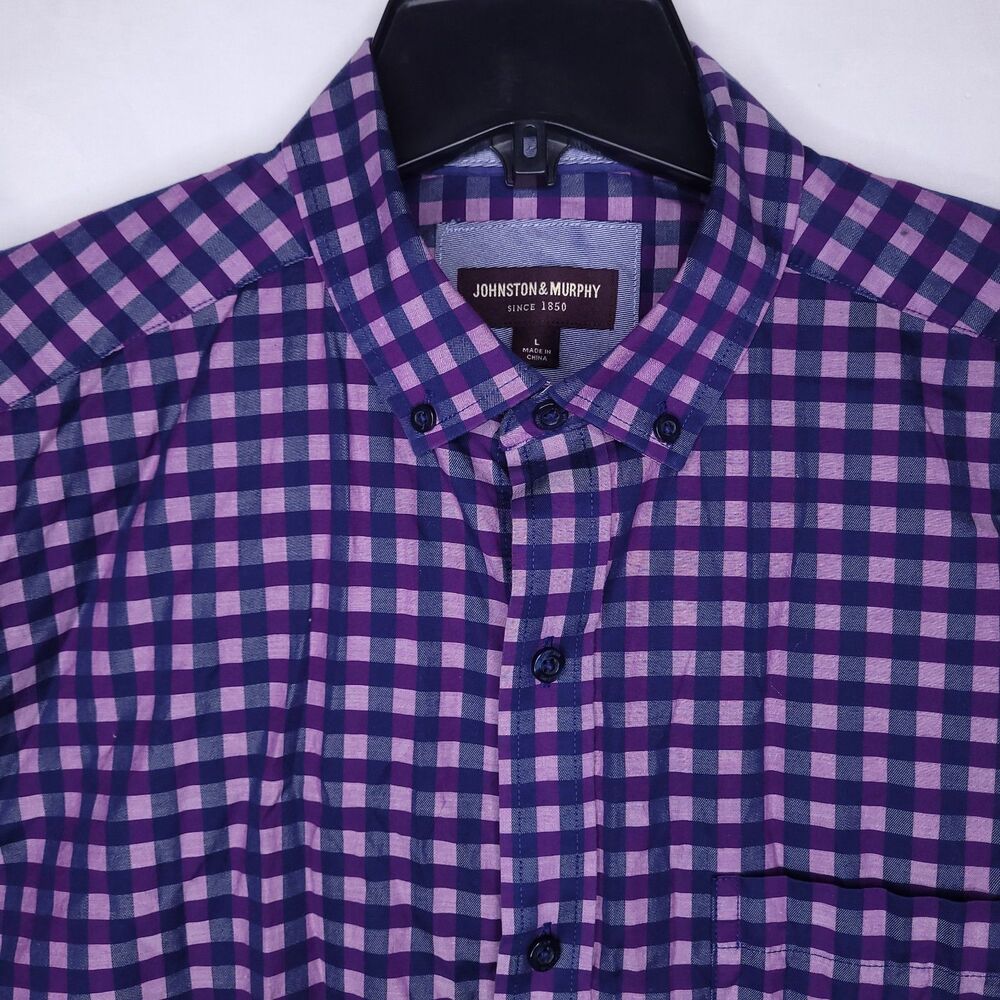 Johnston Murphy Shirt Mens Large Gingham Purple Cotton